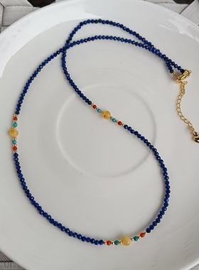 新中式串珠项链法式复古天然青金石蜜蜡锁骨链高级感混彩颈链