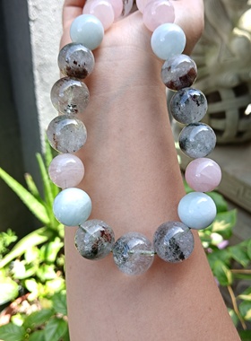 天然超大颗粒17mm绿幽灵海蓝宝粉晶天然石项链锁骨链设计感小众