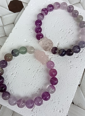 开学季闺蜜款天然9mm萤石手链粉晶兔子狐狸搭档小众手串女款串珠