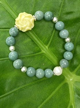 天然10mm蓝水翡翠玫瑰花纯银珍珠手串手链饰品礼物新中式女友
