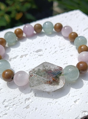 天然绿幽灵紫锂辉海蓝宝绿檀木手链时尚女原创多宝饰品情人节礼物