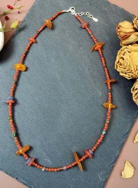 天然南红蜜蜡蓝晶石项链女款锁骨链颈链配饰礼物原创款