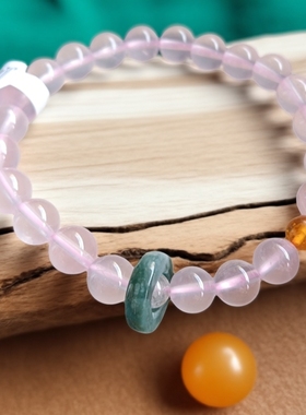 天然莫桑比克粉晶蜜蜡翡翠跑环设计款手串新中式复古送闺蜜礼物