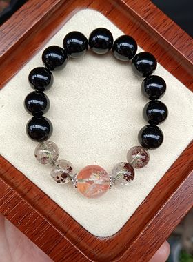 过香炉天然10mm黑曜石9mm幽灵水晶12.5mm胶花水晶手串上岸手链