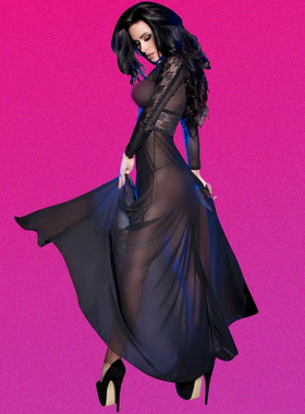 欧美高开叉小礼服女神夜店蕾丝性感连衣长裙红色女王装年会表演透