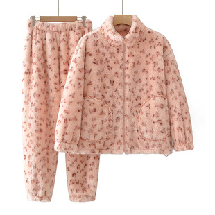 两件套 时尚 慵懒风豹纹花边拼接加厚保暖舒适睡衣套装 2025秋冬新款
