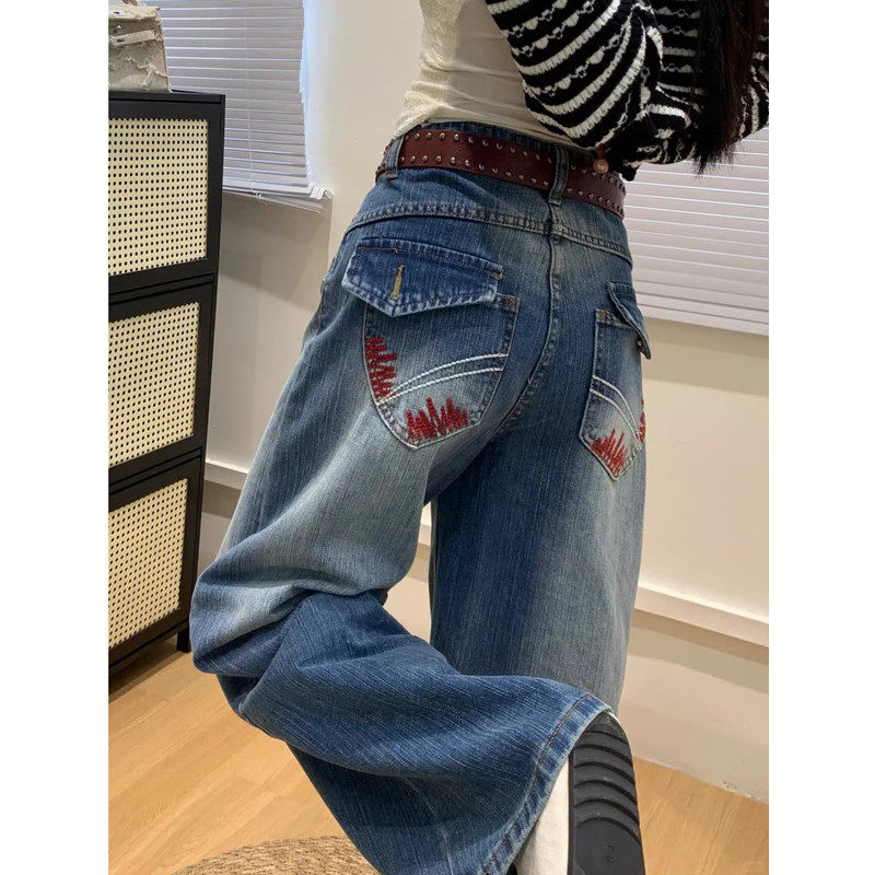 复古低腰直筒牛仔裤女春季秋冬2026新款竹节纹美式刺绣宽松阔腿裤