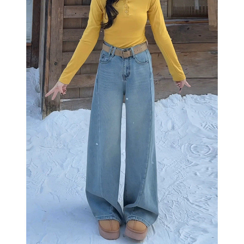 阔腿牛仔裤女加绒秋冬2025新款爆款高腰宽松显瘦浅色小个子直筒裤