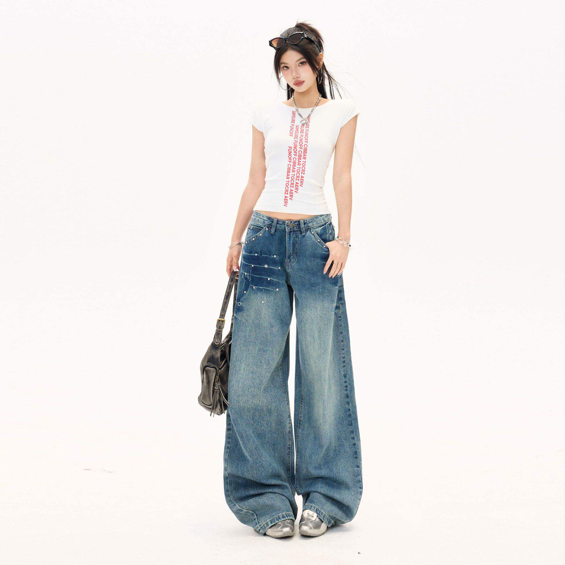 美式铆钉高腰阔腿牛仔裤女春季秋冬2026新款松弛宽松垂感直筒裤子