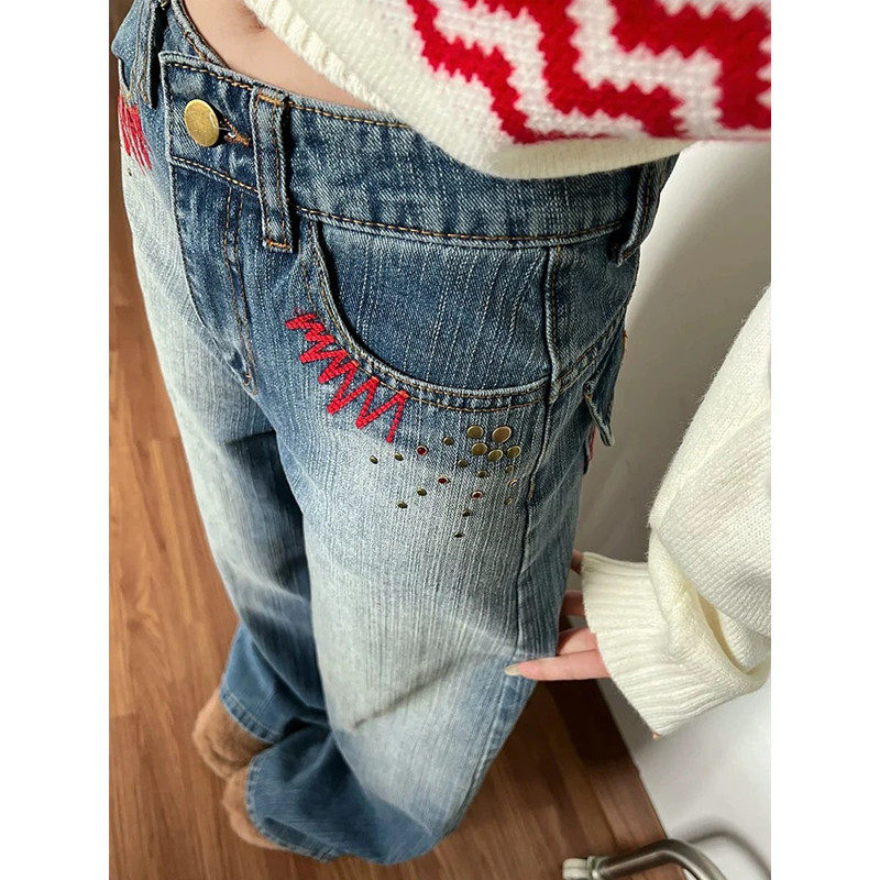 复古低腰直筒牛仔裤女春季秋冬2026新款竹节纹美式刺绣宽松阔腿裤