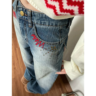 复古低腰直筒牛仔裤女秋季秋冬2025新款竹节纹美式刺绣宽松阔腿裤