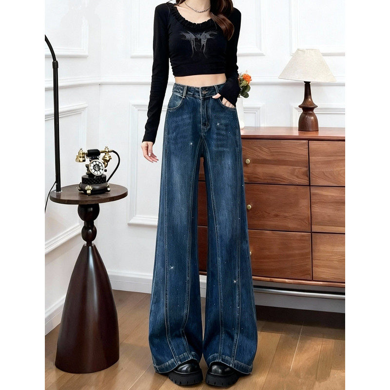 繁星烫钻高腰微喇直筒牛仔裤女加绒秋冬2025新款垂感不贴腿叭裤子