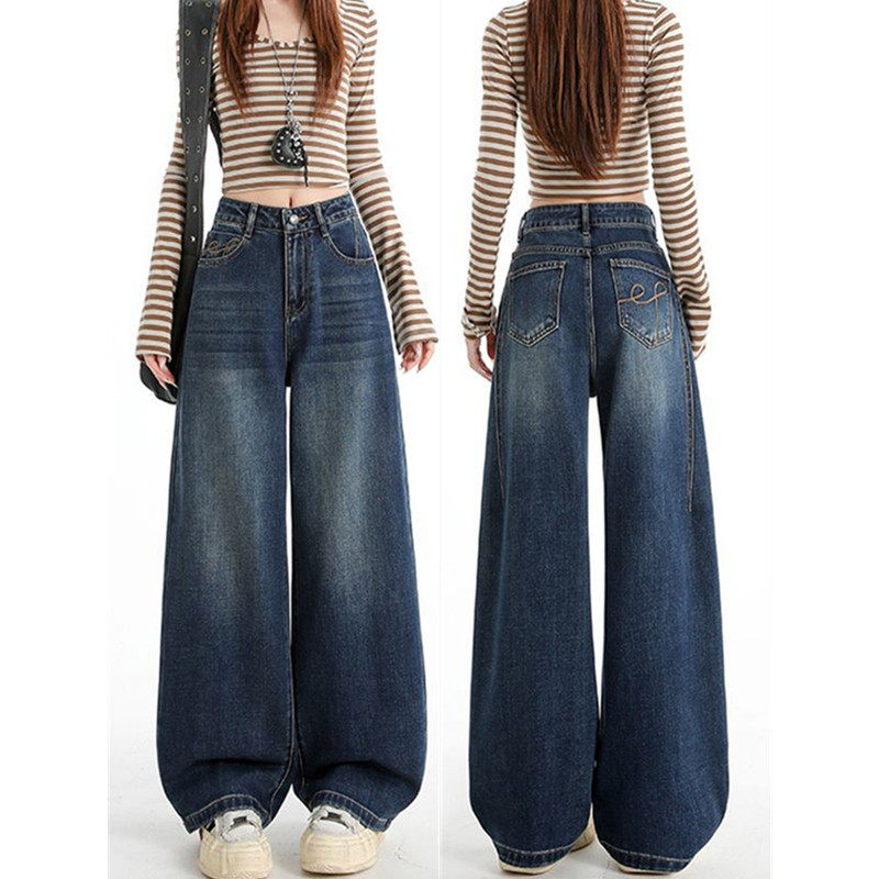 直筒牛仔裤女秋季秋冬2025新款设计感复古高腰宽松垂感阔腿弯刀裤