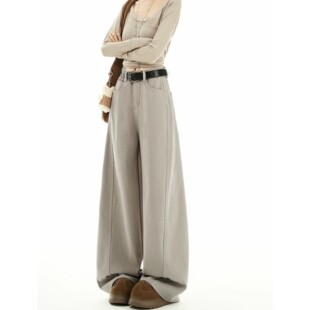 奶茶灰超火弯刀牛仔裤女加绒秋冬2025新款梨型身材遮肉镰刀阔腿裤