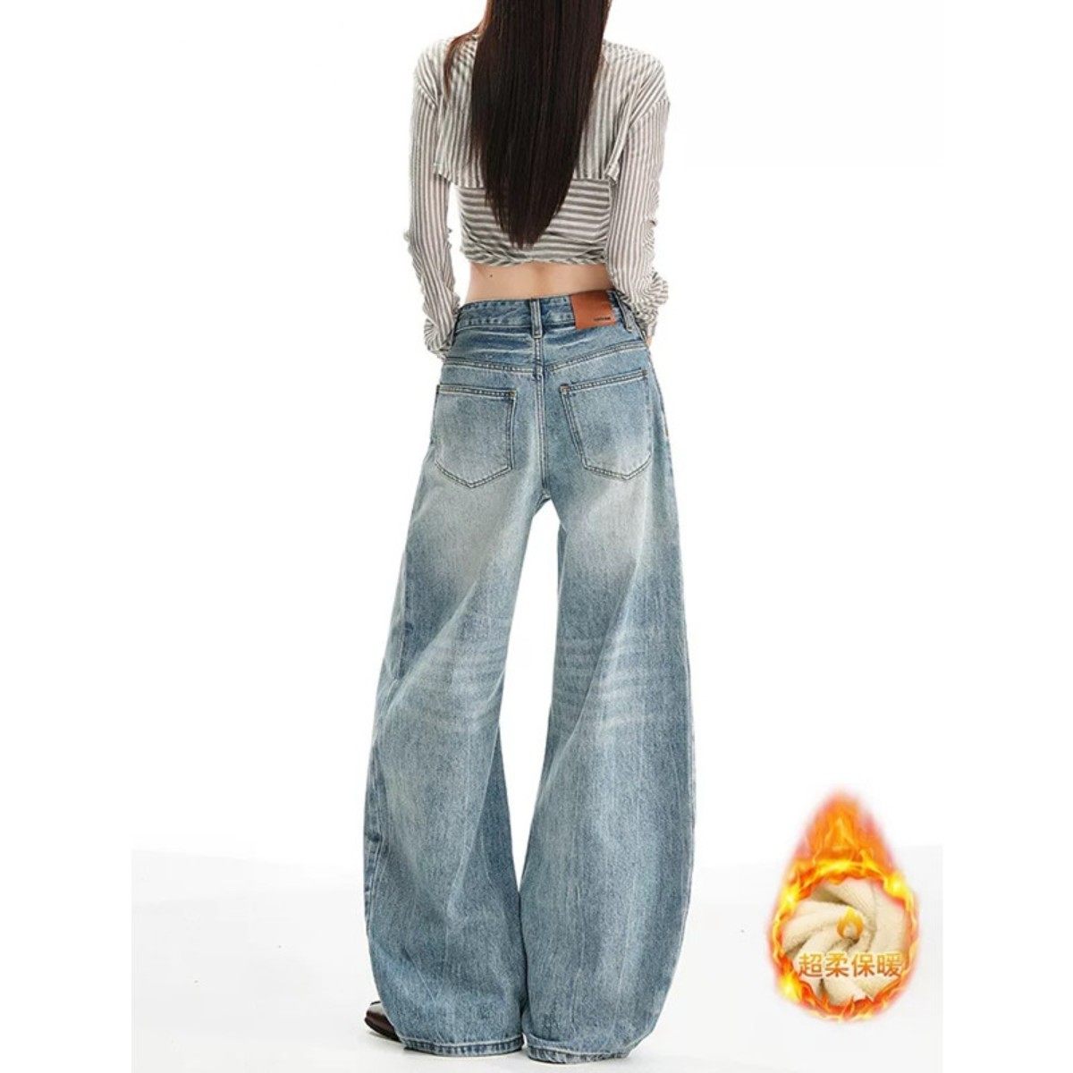 水洗浅蓝色弯刀直筒牛仔裤女加绒秋冬2025新款显瘦宽松阔腿拖地裤