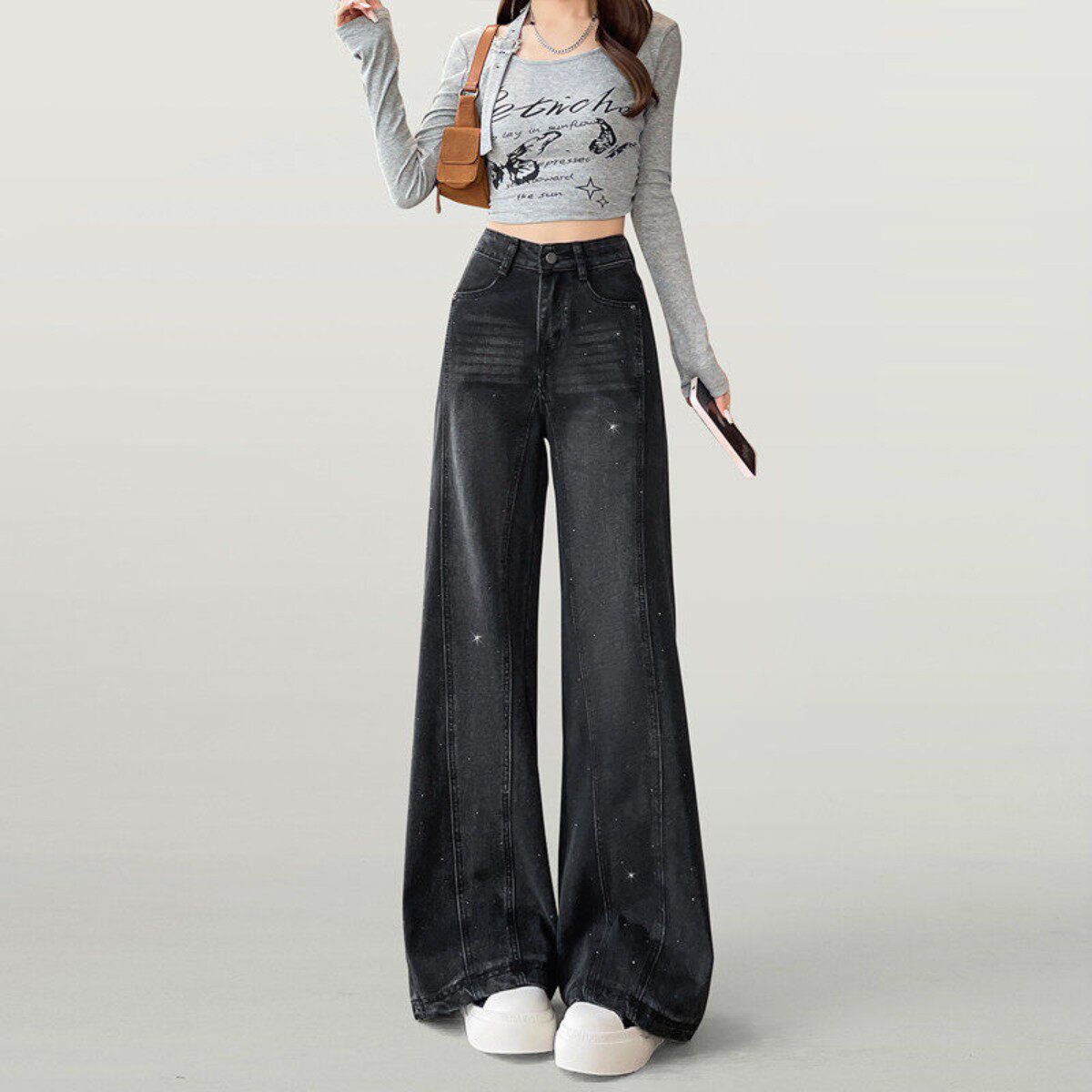 黑灰烫钻阔腿牛仔裤女春季秋冬2026新款今年流行带钻宽松直筒裤子