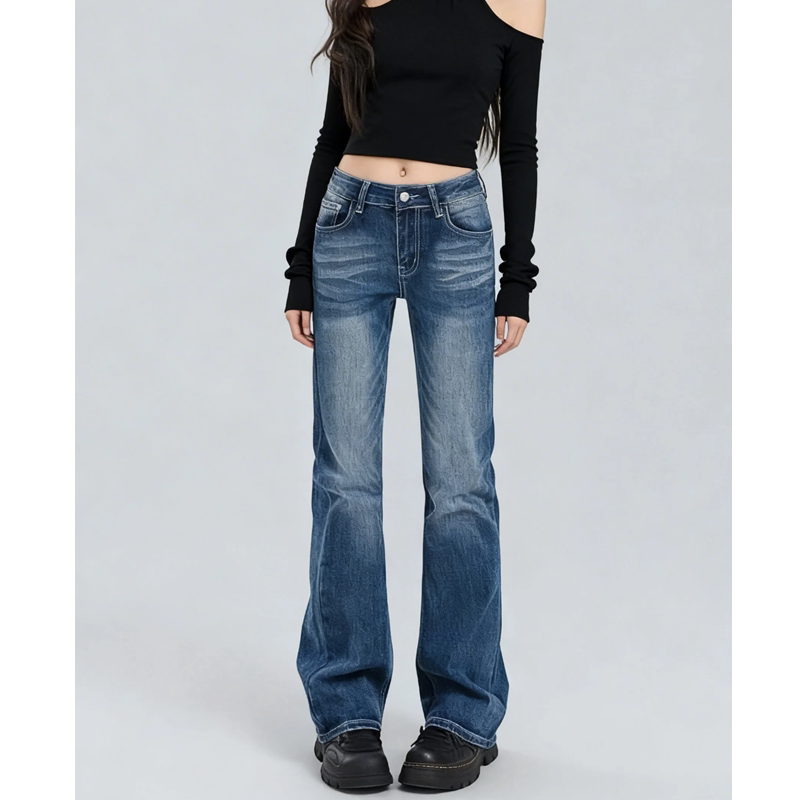 复古水洗蓝色直筒牛仔裤女春季秋冬2026新款窄版宽松显瘦拖地裤子