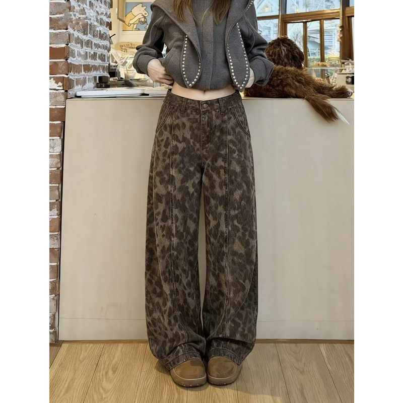 美式复古宽松豹纹牛仔裤女春季秋冬2026新款阔腿小众街头弯刀长裤