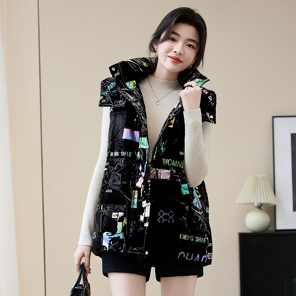 亮面连帽女90白鸭绒羽绒马甲