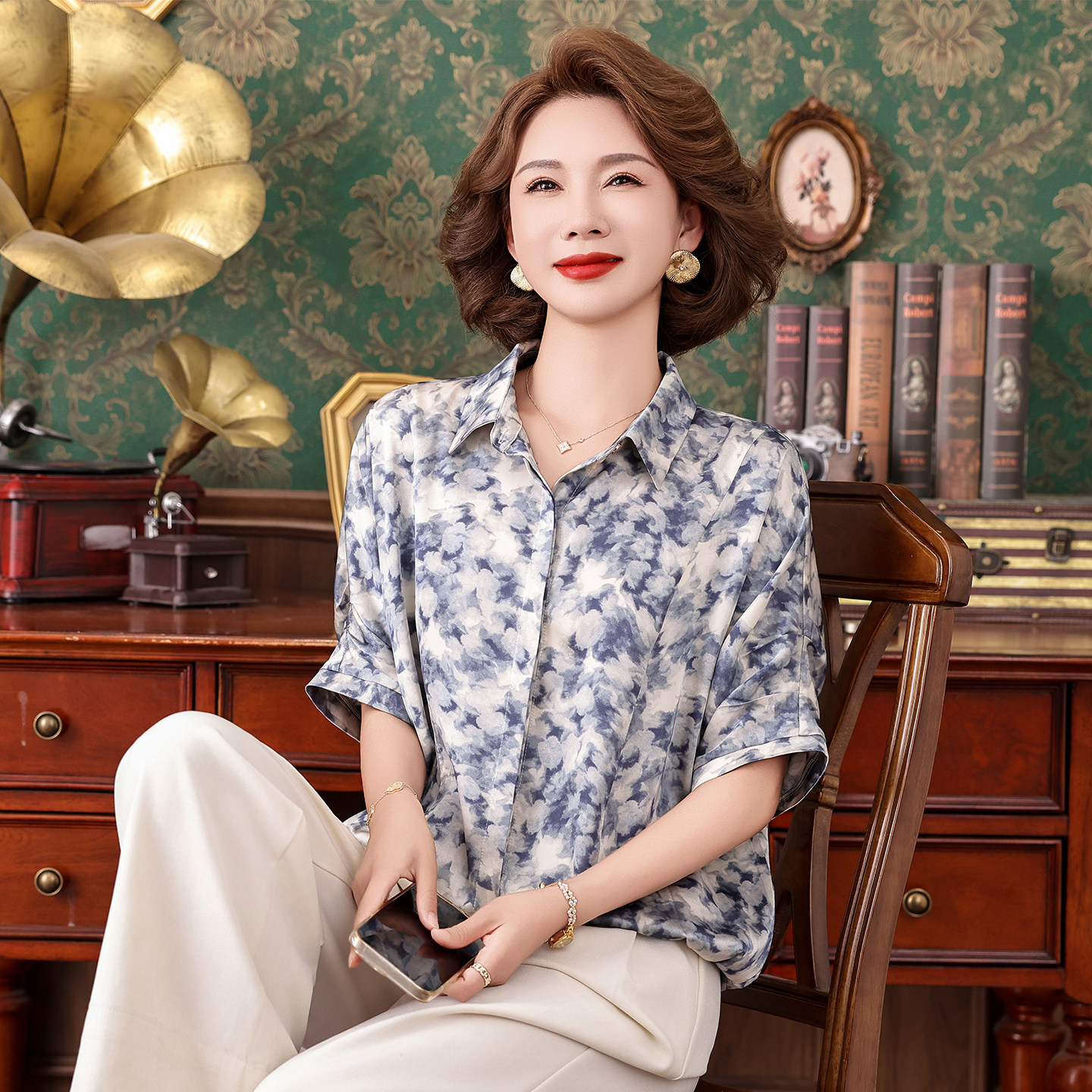 夏季桑蚕丝印花宽松遮肉短袖衬衫