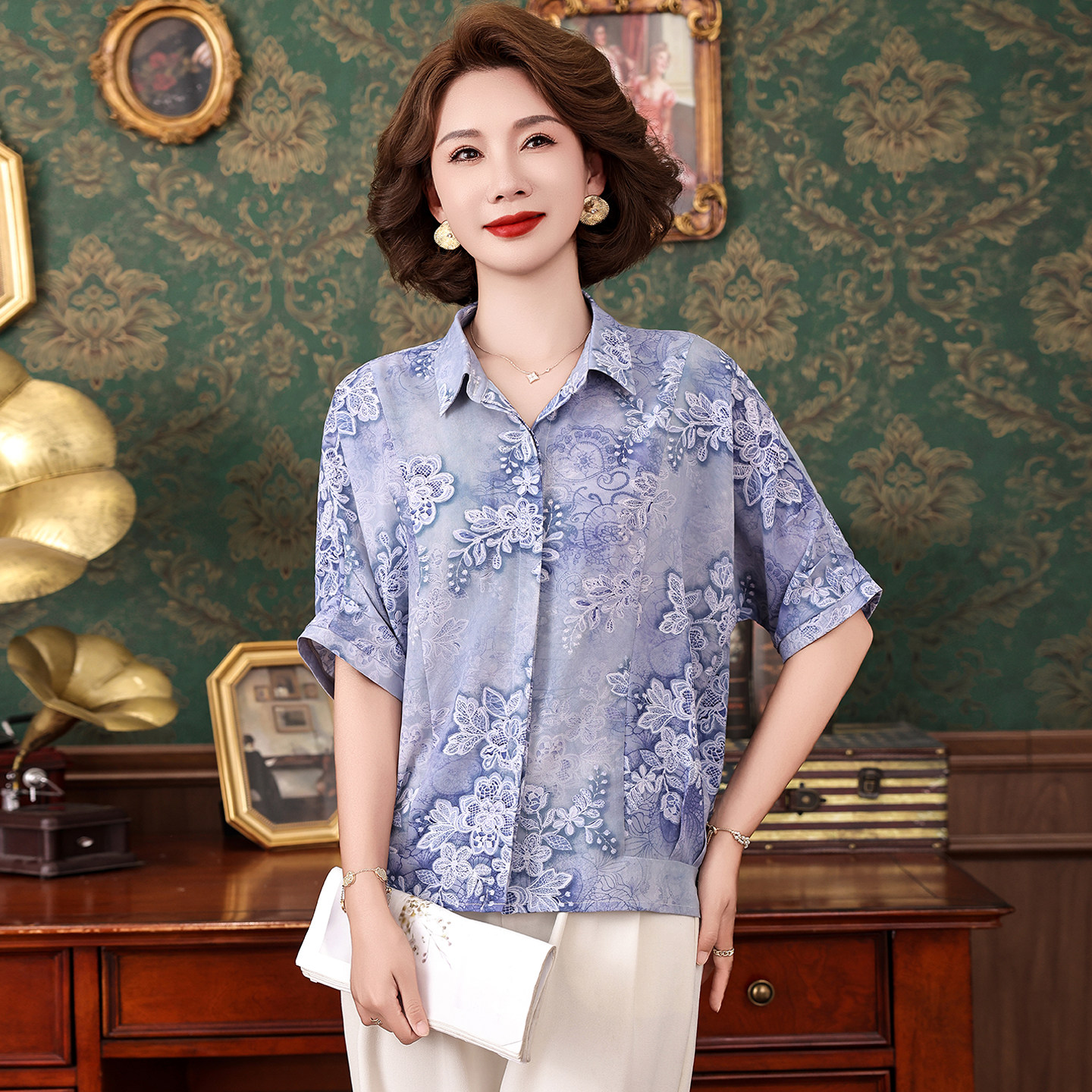 夏季真丝蕾丝印花显瘦妈妈衬衫