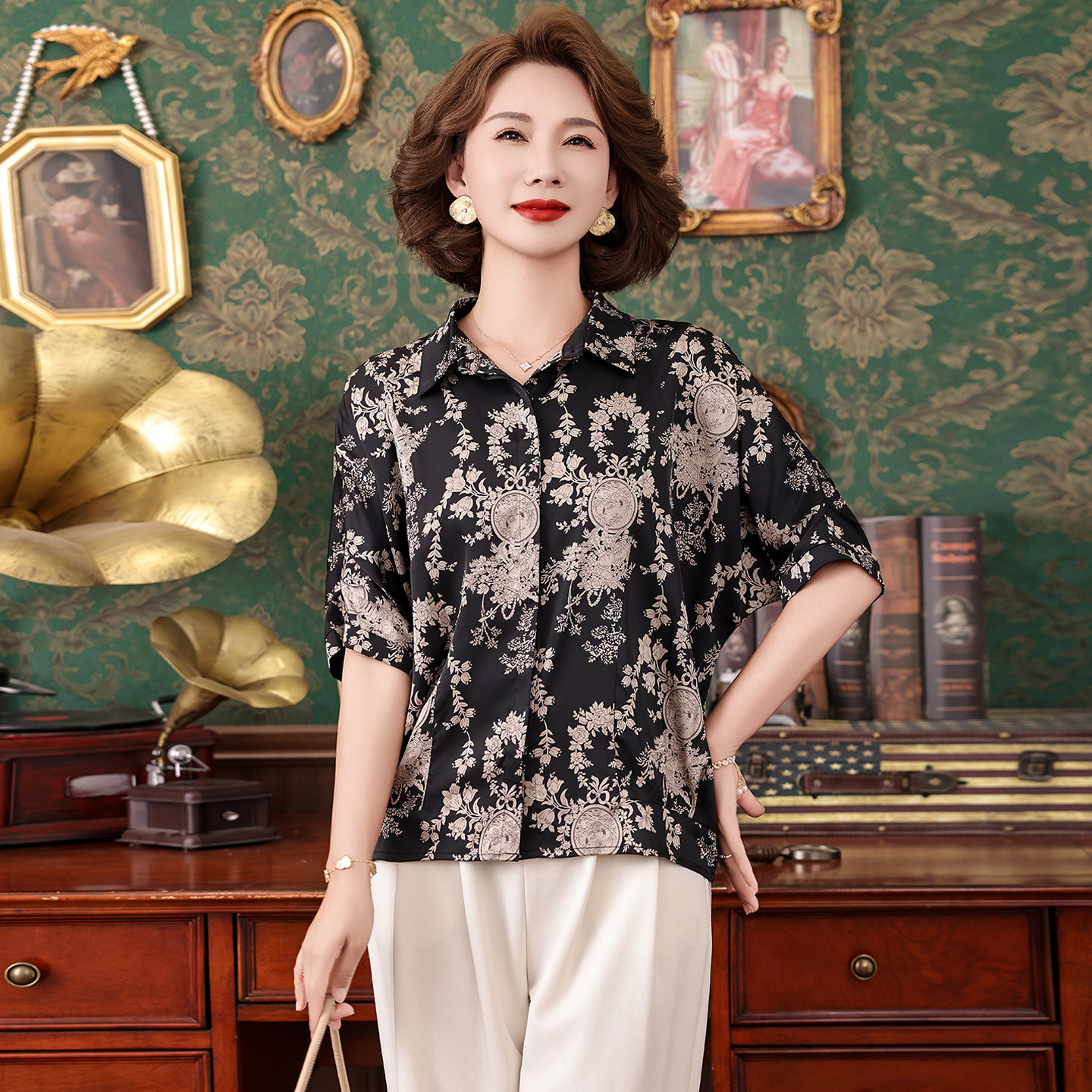 夏季真丝衬衫妈妈装复古显瘦