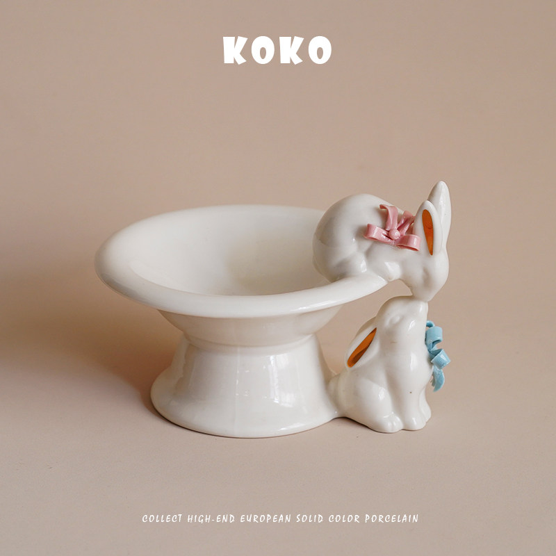 KOKO 出口北欧手捏可爱兔子造型陶瓷高脚托盘下午茶点心盘零食盘