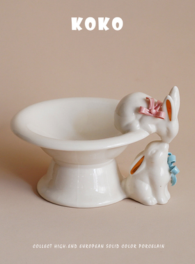 KOKO 出口北欧手捏可爱兔子造型陶瓷高脚托盘下午茶点心盘零食盘