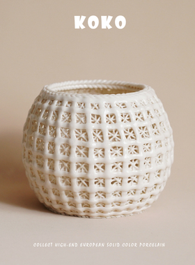 KOKO出口欧式复古古玩手工编织白瓷收纳筐储物罐藤编工艺风灯摆件