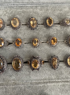 尼泊尔天然黄水晶切面戒指s925银精工镶生日礼物复古活圈戒指