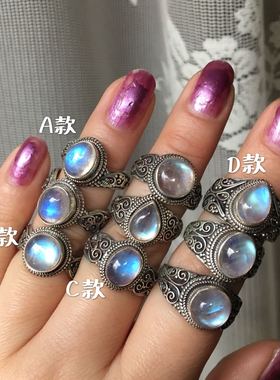 新品尼泊尔银饰天然月光石戒指