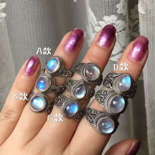 新品尼泊尔银饰 天然月光石戒指925银活圈复古精致多款