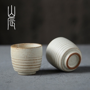 粗陶品茗杯白色化妆土纹理质感主人杯 手工粉引茶具配套小茶杯日式