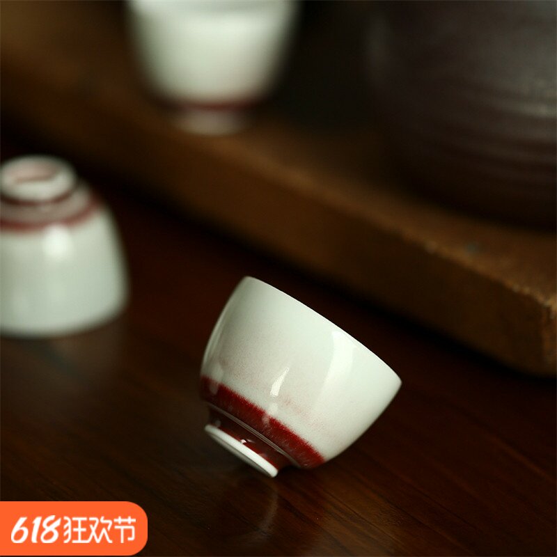郎红杯底品杯景德镇纯手工陶瓷茶具白色复古单杯20ml主人杯小茶杯