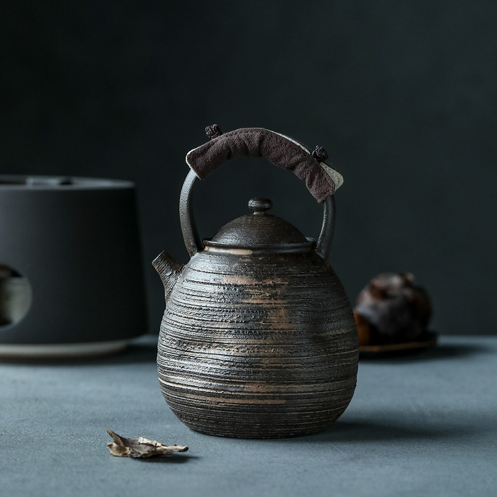 复古手工柴烧粉引茶壶黑色条纹纹理提梁壶功夫茶具电陶炉炭火两用