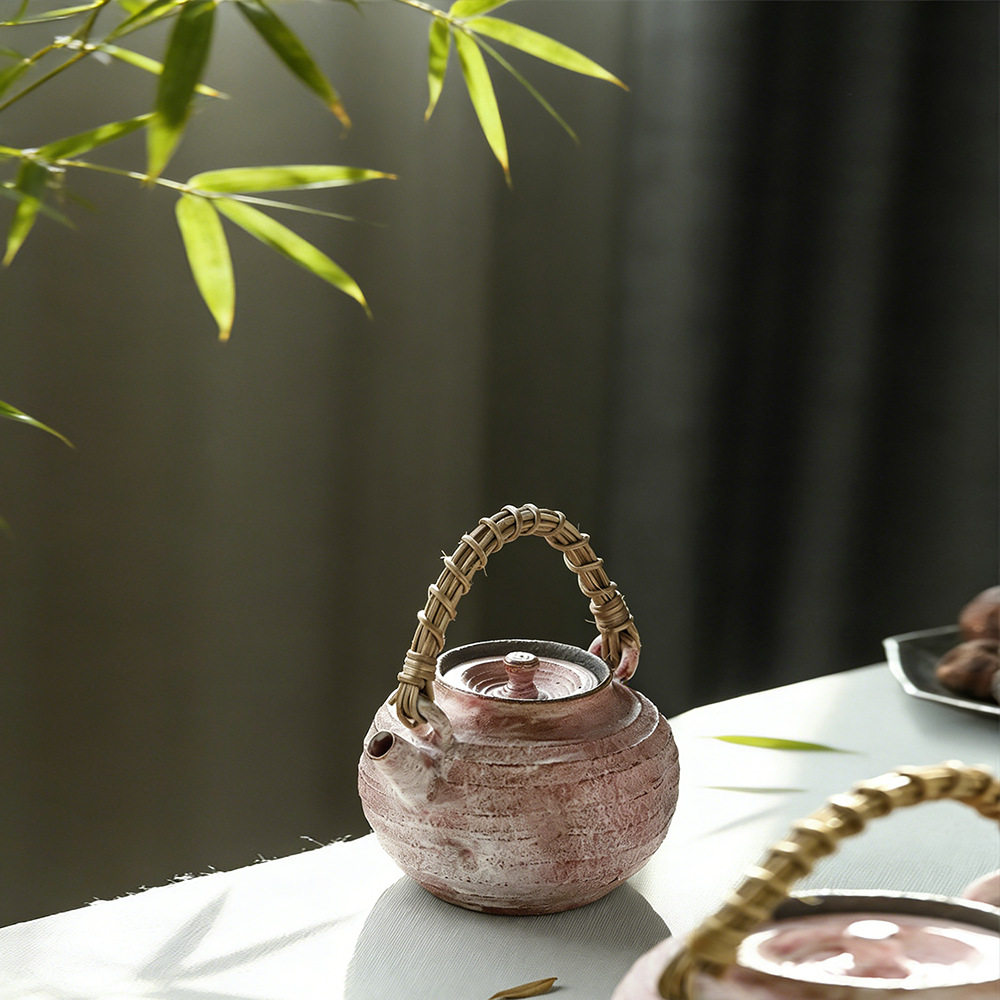 景德镇樱花粉围炉煮茶壶烧水壶藤编提梁紫砂壶古朴可电陶炉明火
