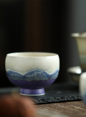 窑变蓝紫色高足罗汉杯景德镇纯手工陶瓷茶具复古海浪品茗杯主人杯
