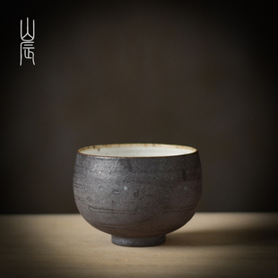 黑色乌金釉品茗杯粗陶复古茶杯景德镇纯手工禅定杯单杯90ml主人杯
