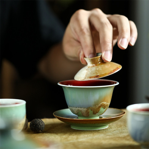 盖碗复古原矿颜色釉双色内红泡茶