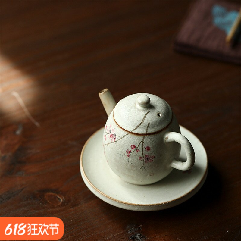 粉引手绘秦权茶壶景德镇纯手工陶瓷茶具复古中式粗陶开片可养单壶