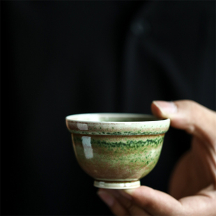 冰裂釉窑变飘绿斑点茶杯景德镇纯手工陶瓷茶具复古折腰主人杯品杯