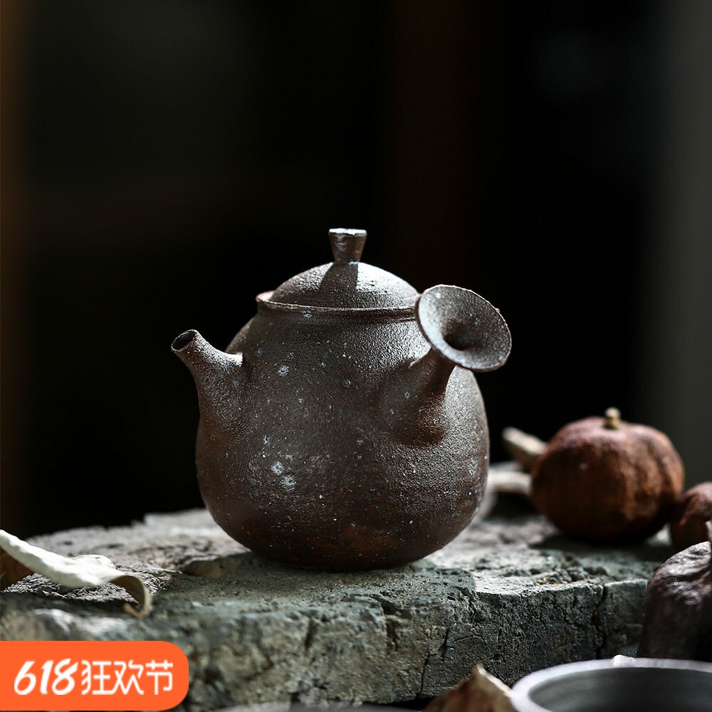 手工粗陶急须壶短侧把壶功夫茶壶老岩泥柴烧色日式和风茶具