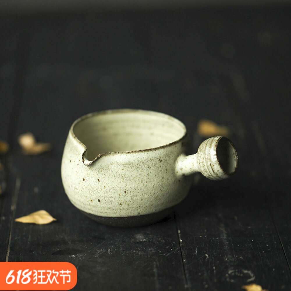 手工陶瓷黑泥粉引侧把公道带手柄小容量公道壶景德镇茶壶开片可养