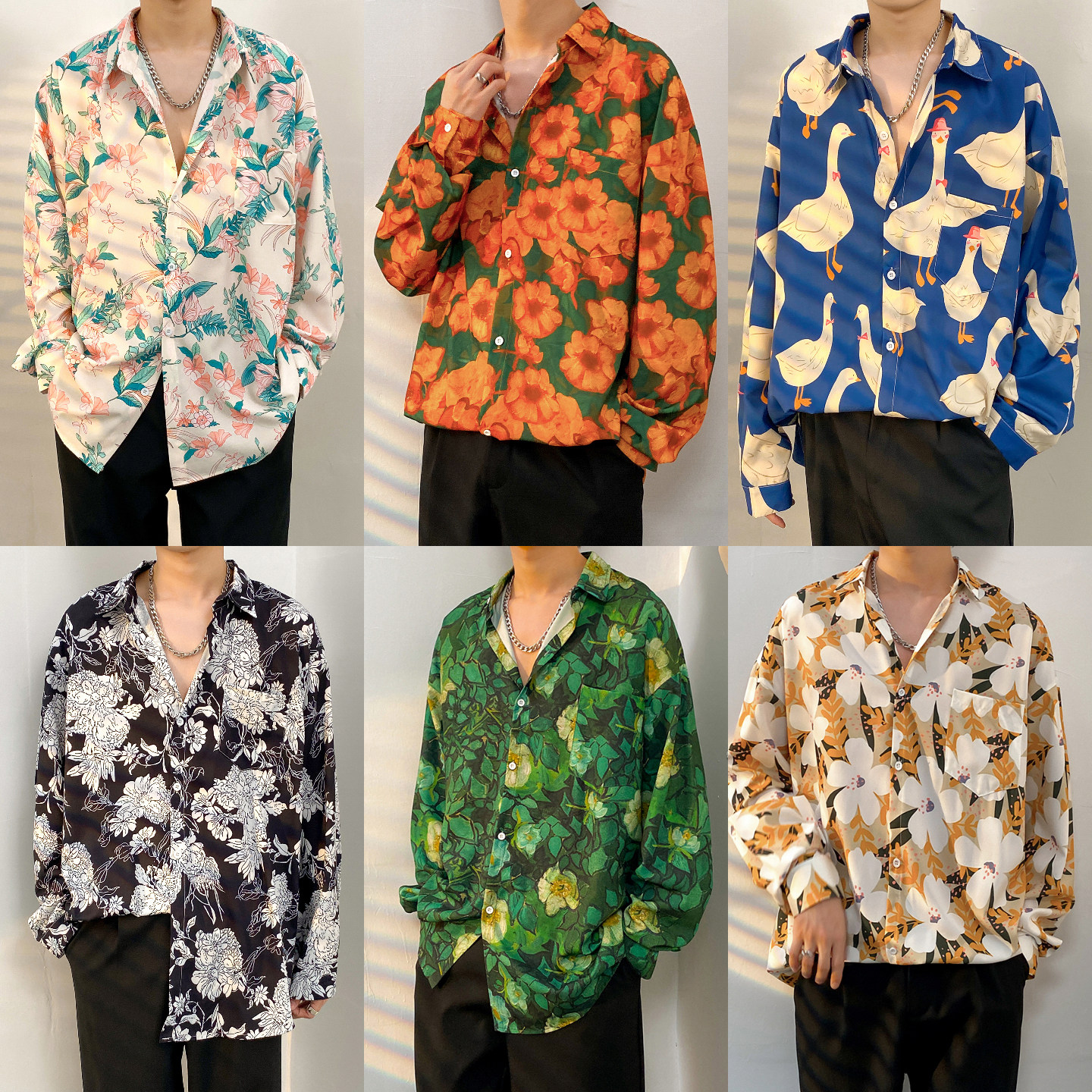 怀旧复古港风80年代服装90春秋季长袖印花衬衫显瘦高级感男轻奢潮