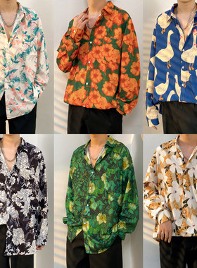 怀旧复古港风80年代服装90春秋季长袖印花衬衫显瘦高级感男轻奢潮