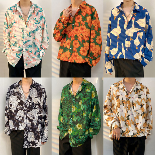 怀旧复古港风80年代服装90春秋季长袖印花衬衫显瘦高级感男轻奢潮