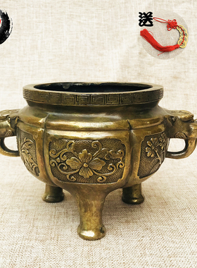 古城黄铜四季香炉摆件 纯铜三足圆口虎头带耳圆形仿古家用饰品