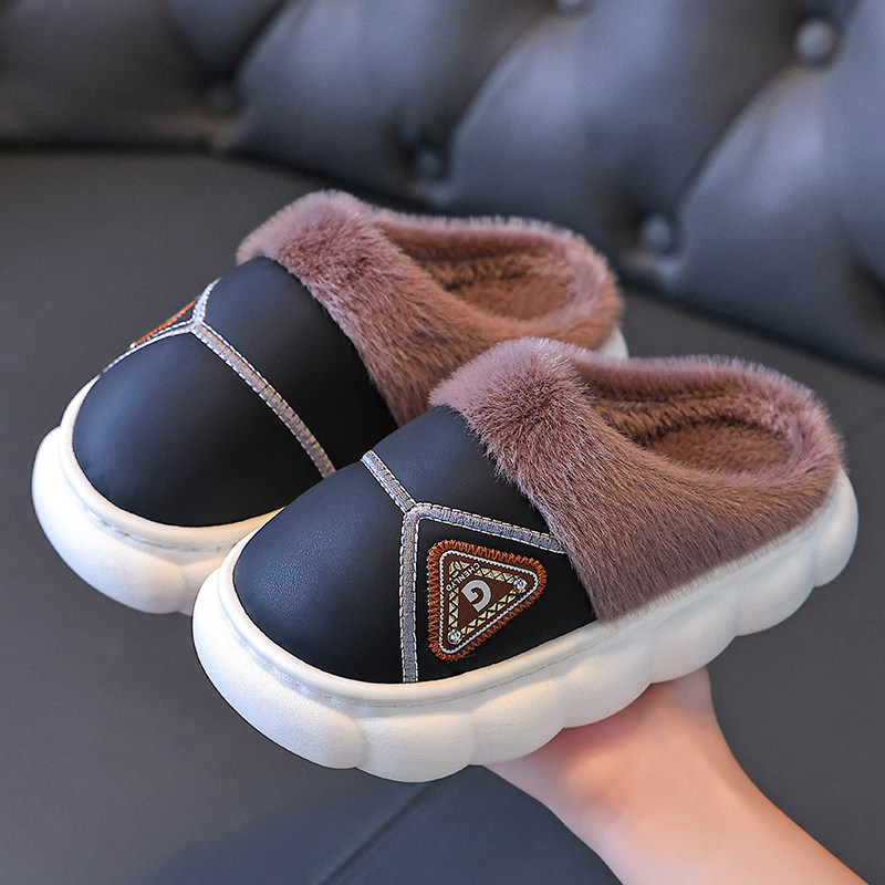 儿童棉拖鞋男童冬季保暖加绒加厚pu皮防水防滑女孩宝宝棉鞋亲子鞋