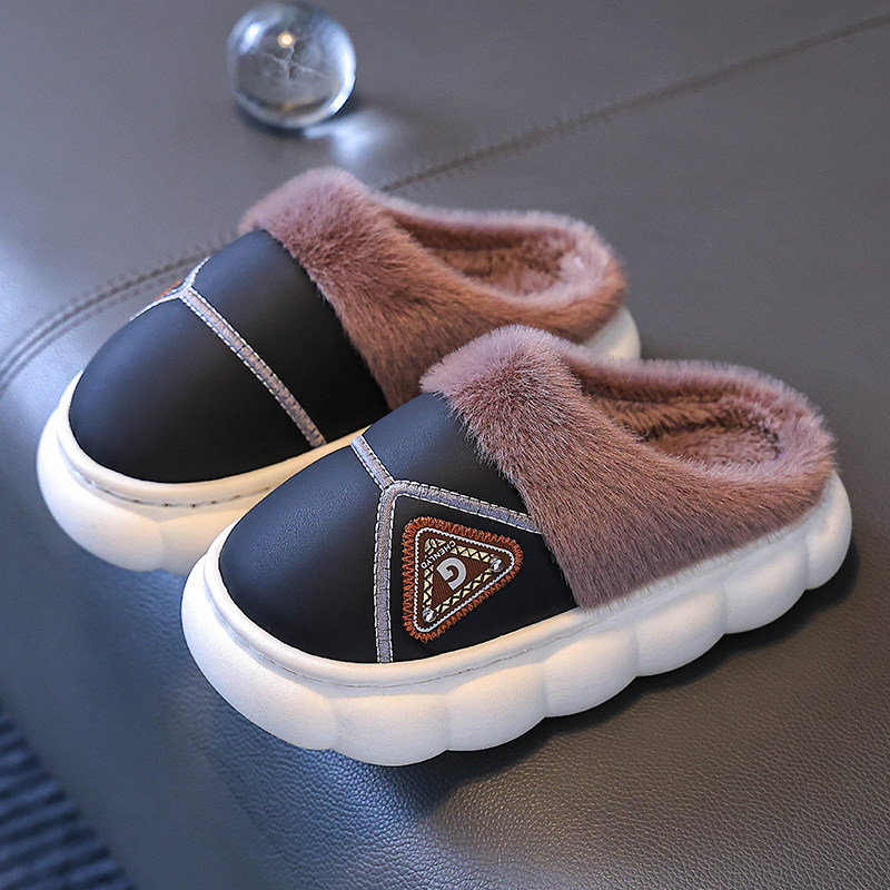 儿童棉拖鞋男童冬季保暖加绒加厚pu皮防水防滑女孩宝宝棉鞋亲子鞋