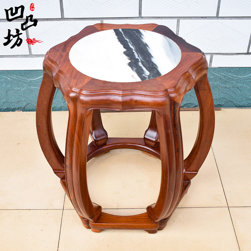 凹凸坊 京作大果紫檀缅甸花梨木云石托泥古典梅花鼓櫈